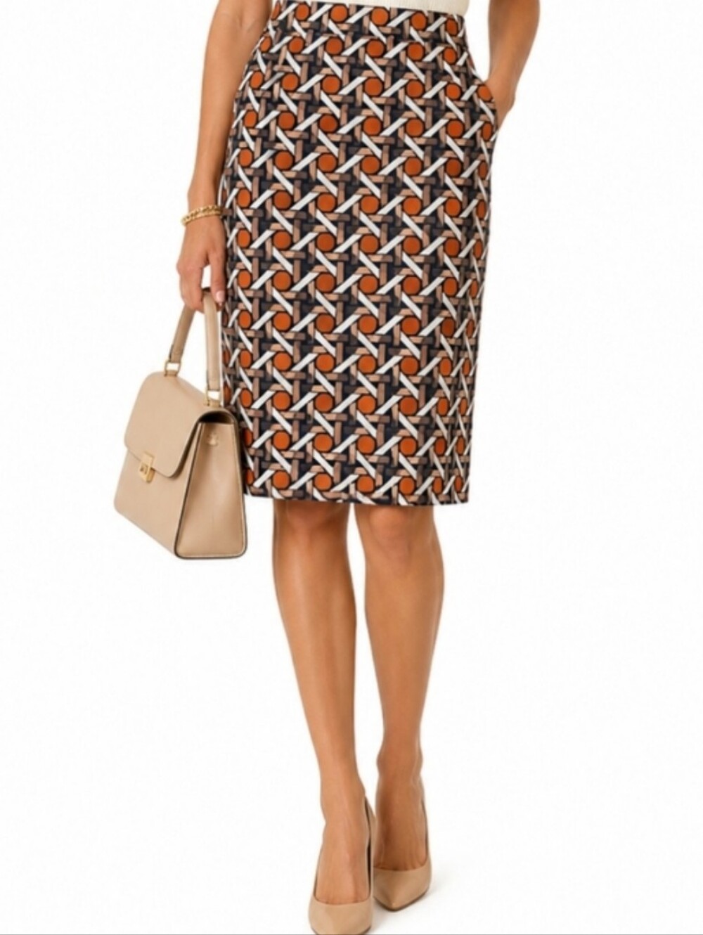 Banana Republic Pattern Orange Geo Blue Cotton Pencil Tan Skirt 10 Medium